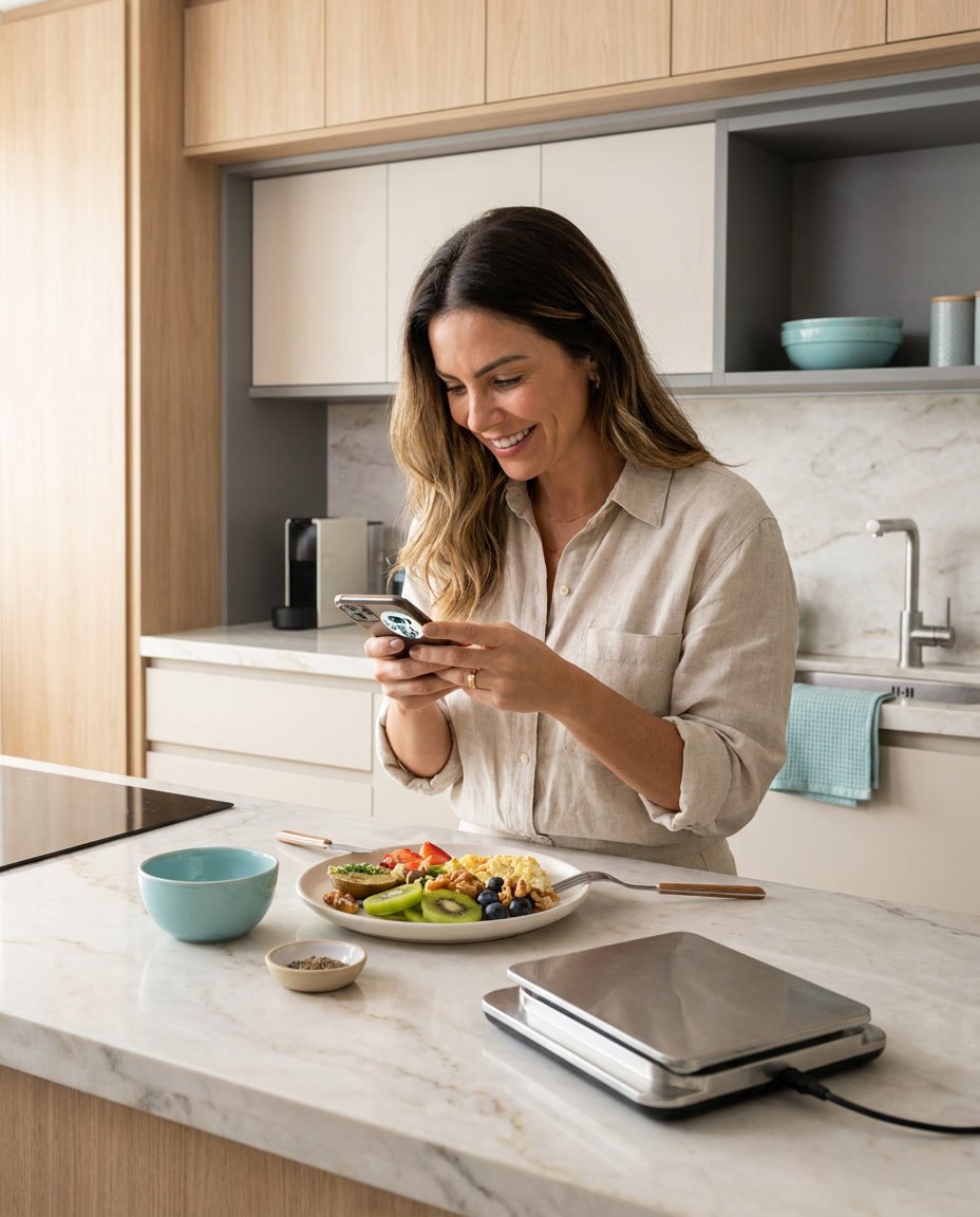 Usuária fotografando o prato com o ISculpt na cozinha de casa