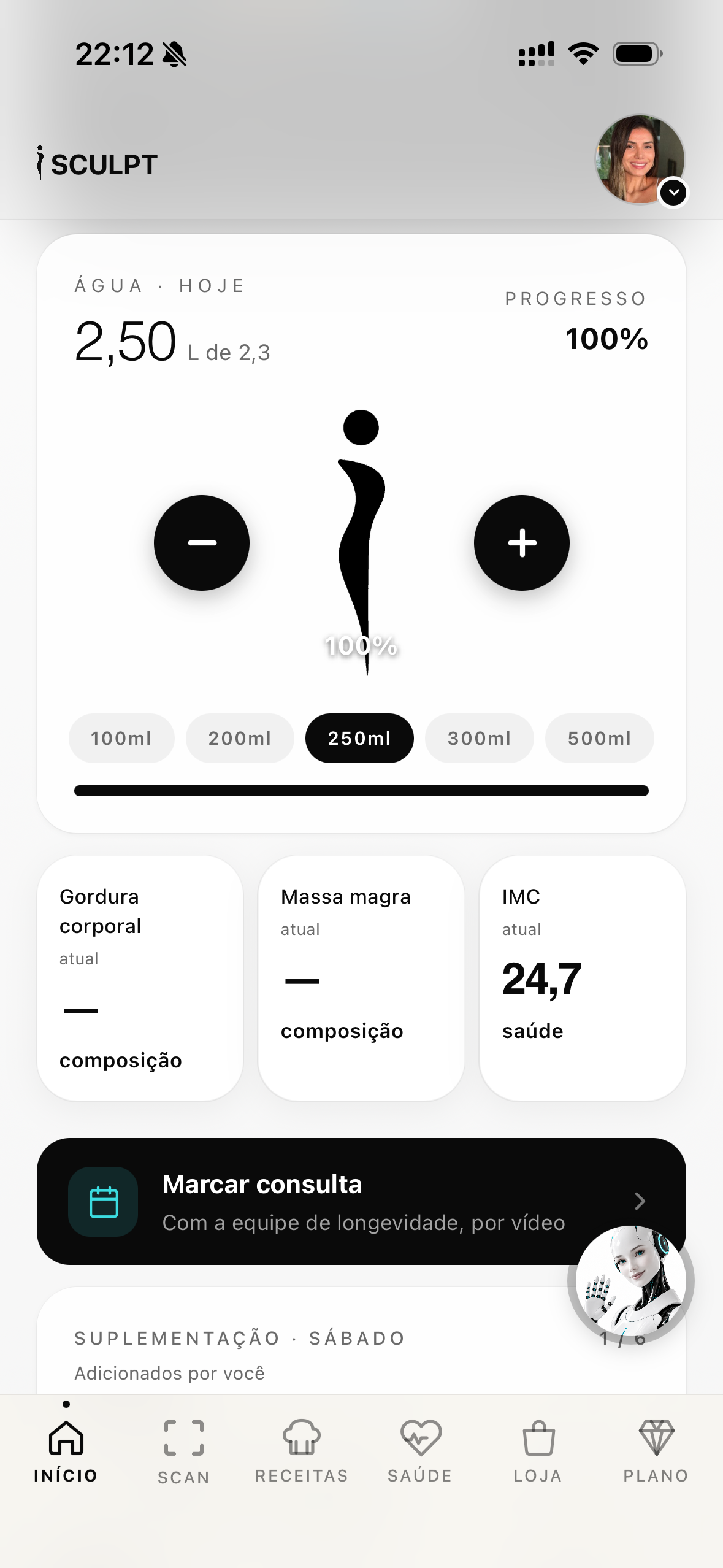 Água e suplementação do dia