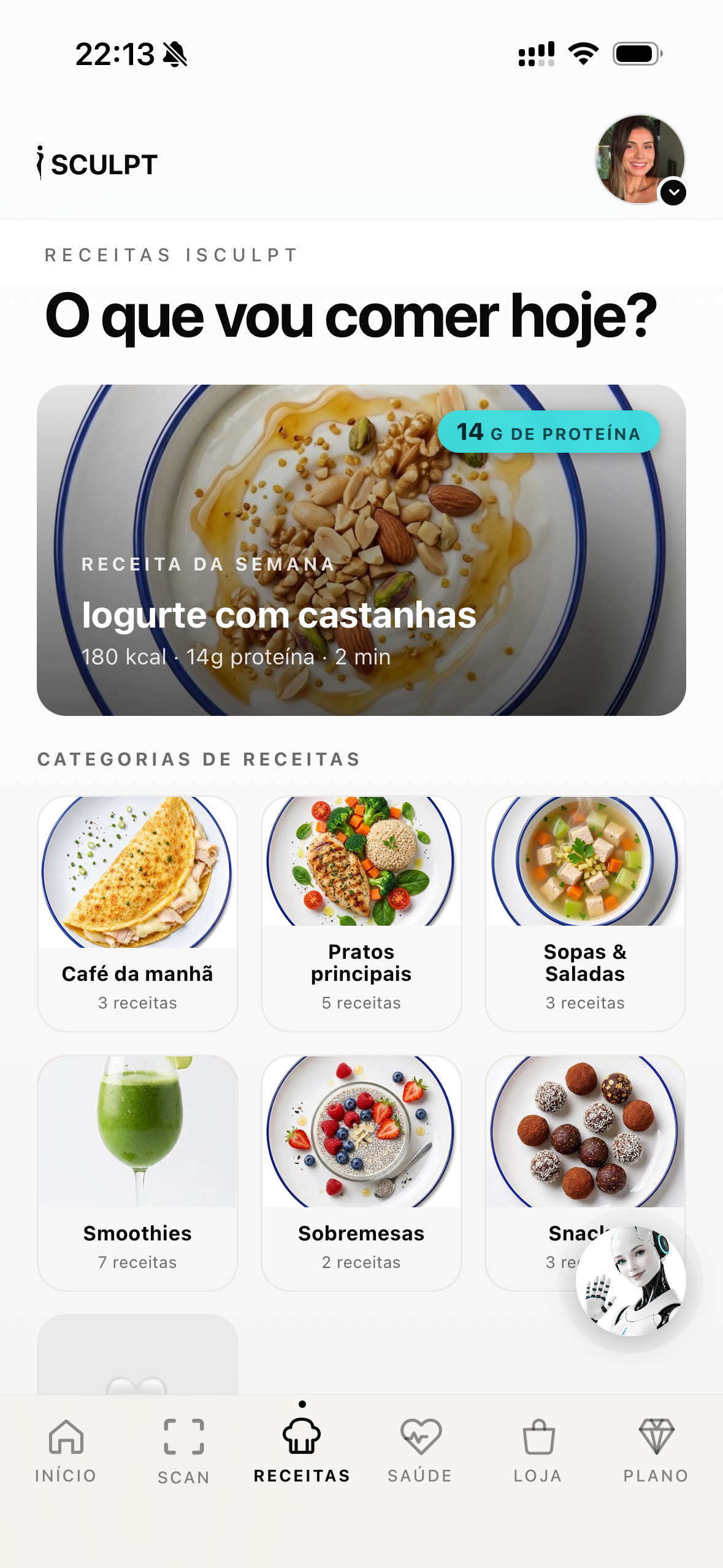 Cardápio do dia com as refeições do plano