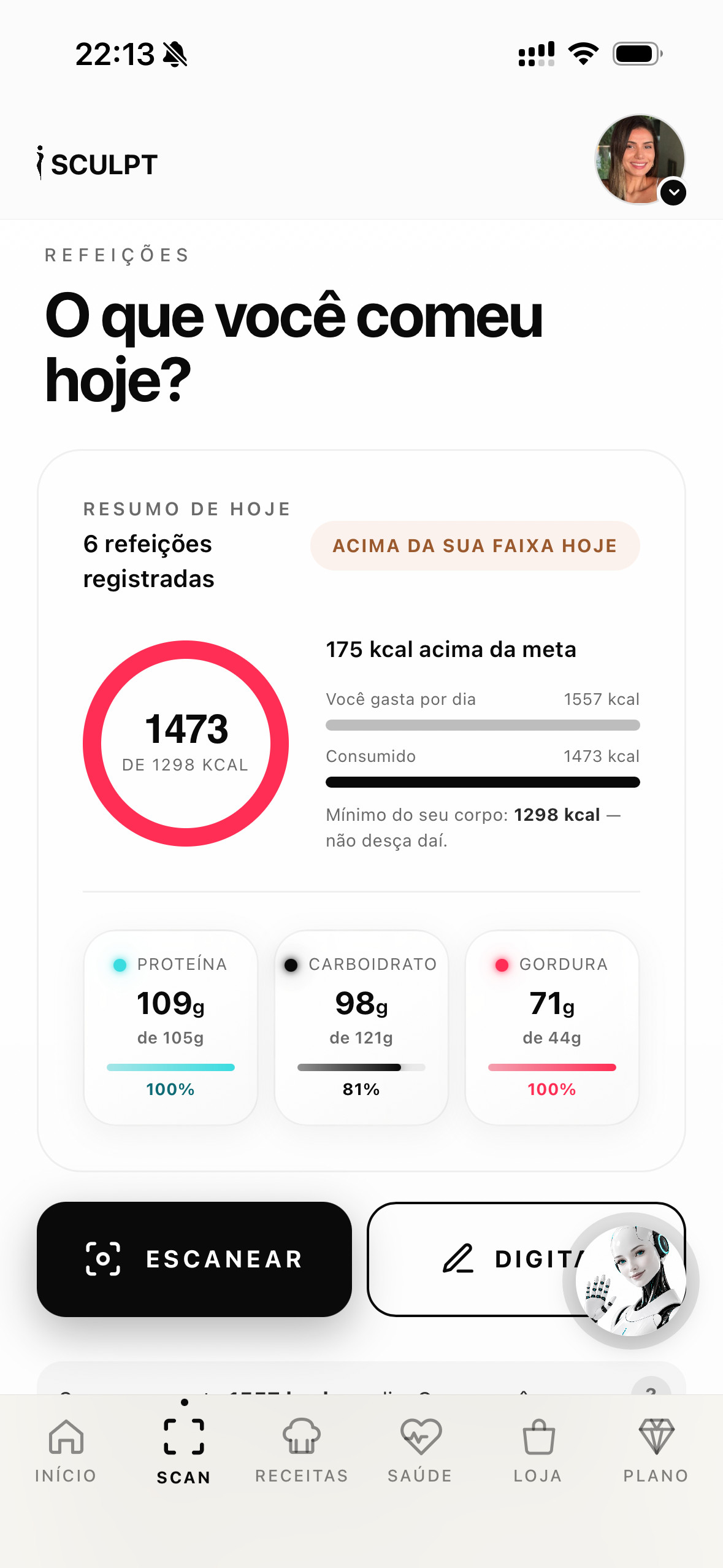 Tela O que você comeu hoje, com calorias e macros do dia